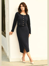 Exude Invincible Crop Blazer Top with Front Slit Midi Skirt Navy Co-ord Sets