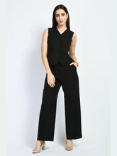 Exude Elusiveness Solid Wide Leg Trousers With Waist-Coat Top Co-ord Black Co-ord Sets