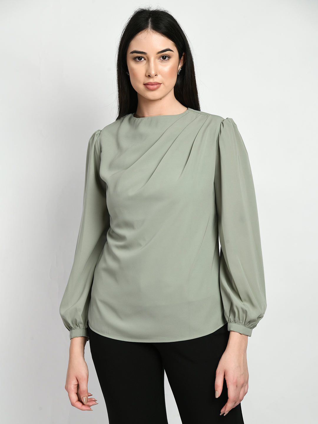 Exude Genius Pleat Detail Top Pista Green Tops