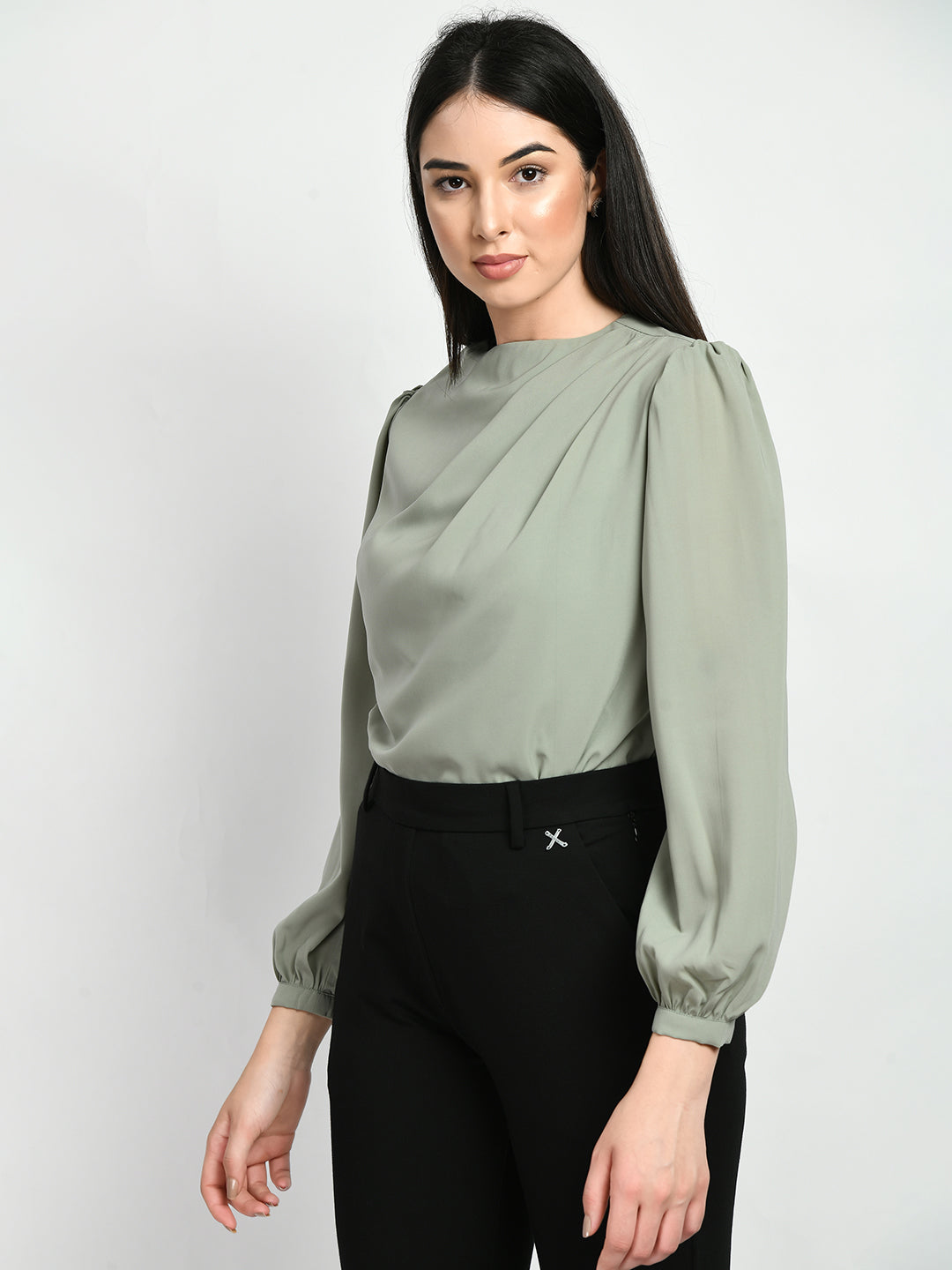 Exude Genius Pleat Detail Top Pista Green Tops