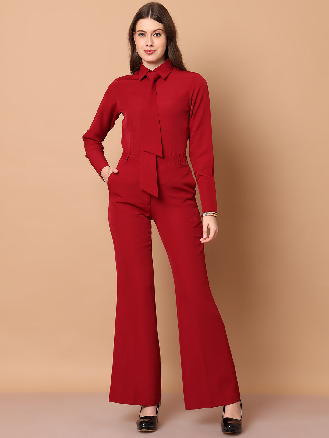 Exude Feminine touch Tie Shirt Red Tops