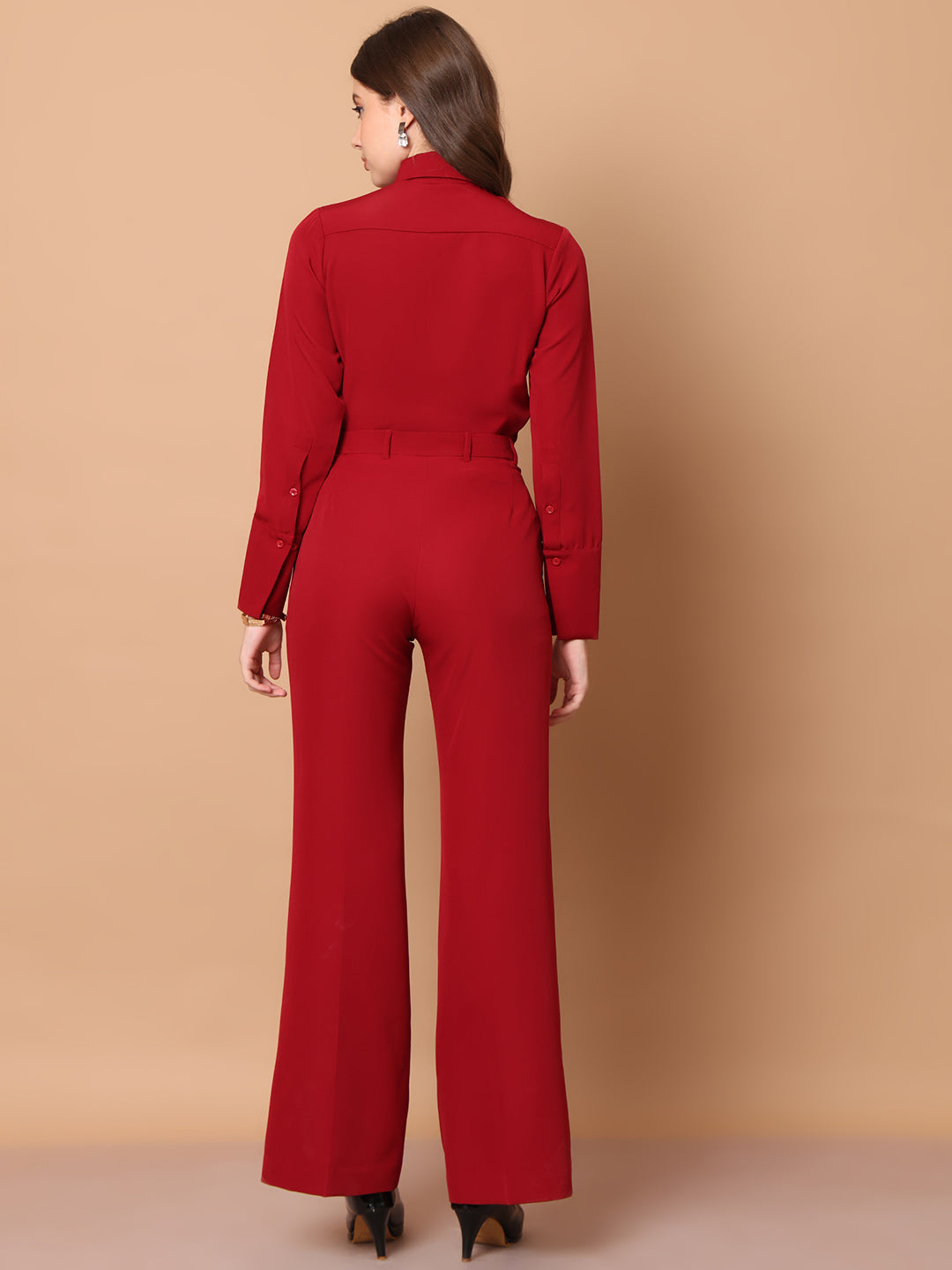 Exude Reign Supreme Shirt with Tie Paired with Matching Bootcut Trouser Red Co-ord Sets