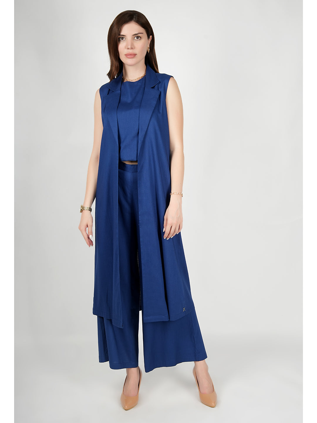 Exude Lustrous Long Jacket , Top with Wide Leg Trouser Royal Blue Co-ord Sets