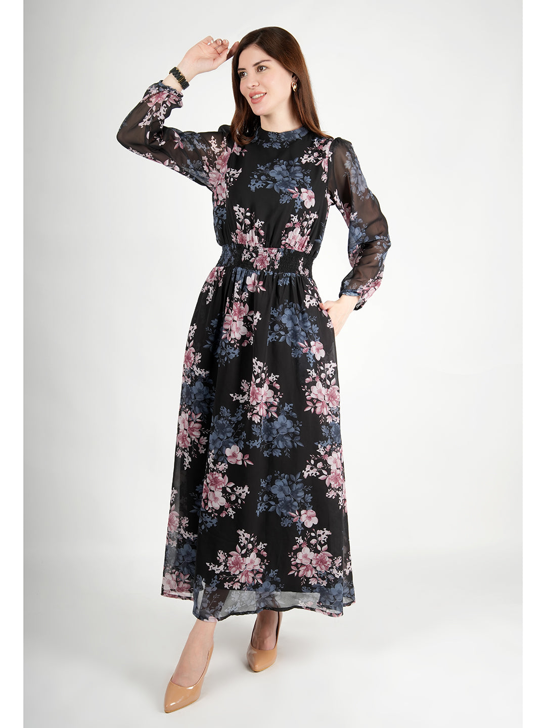 Exude Shimmer Black Floral Maxi Dress with Sleeves Black Dresses