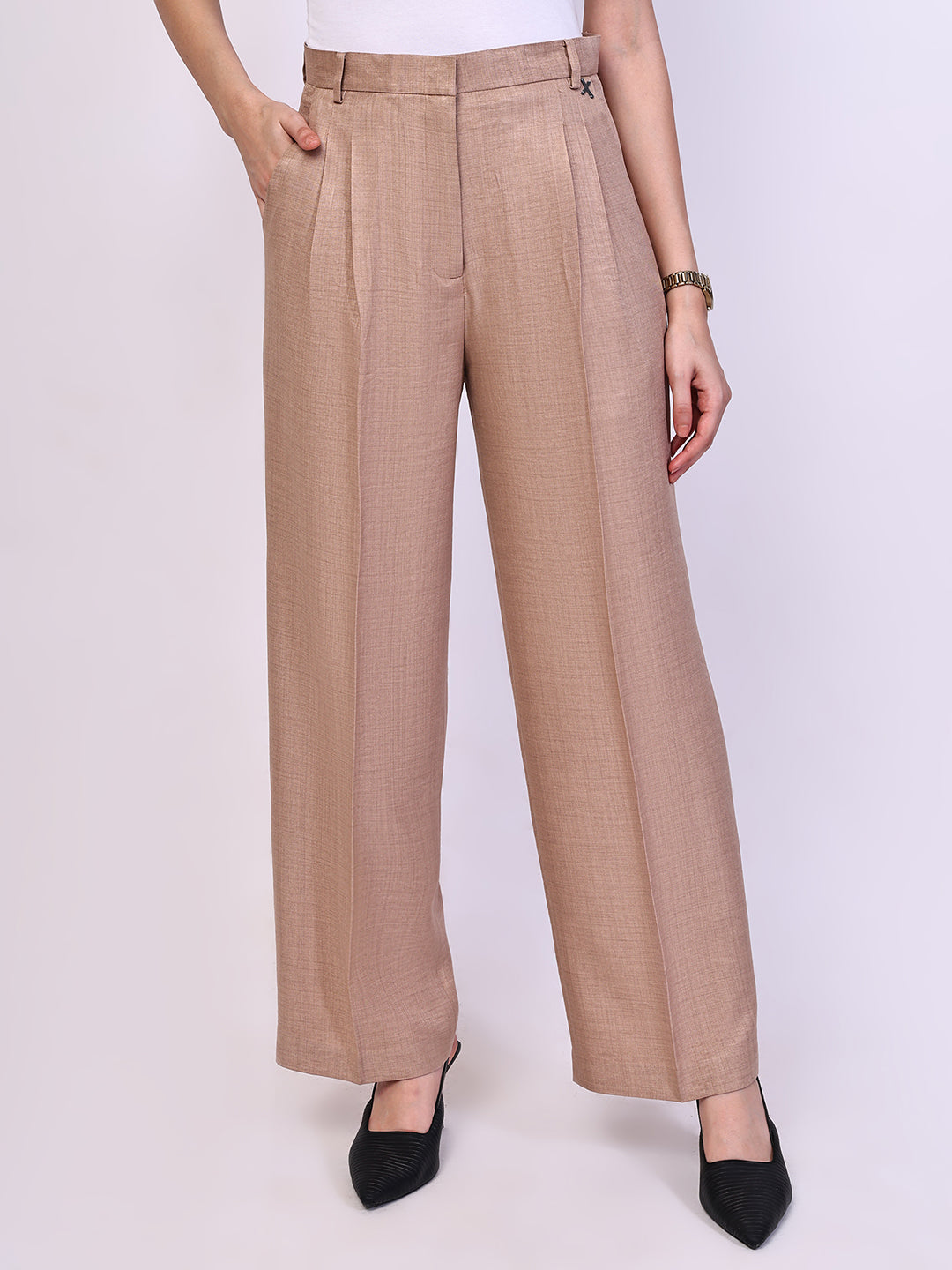 Exude Timeless Threads Straight Fit Trousers with Pockets (Beige)