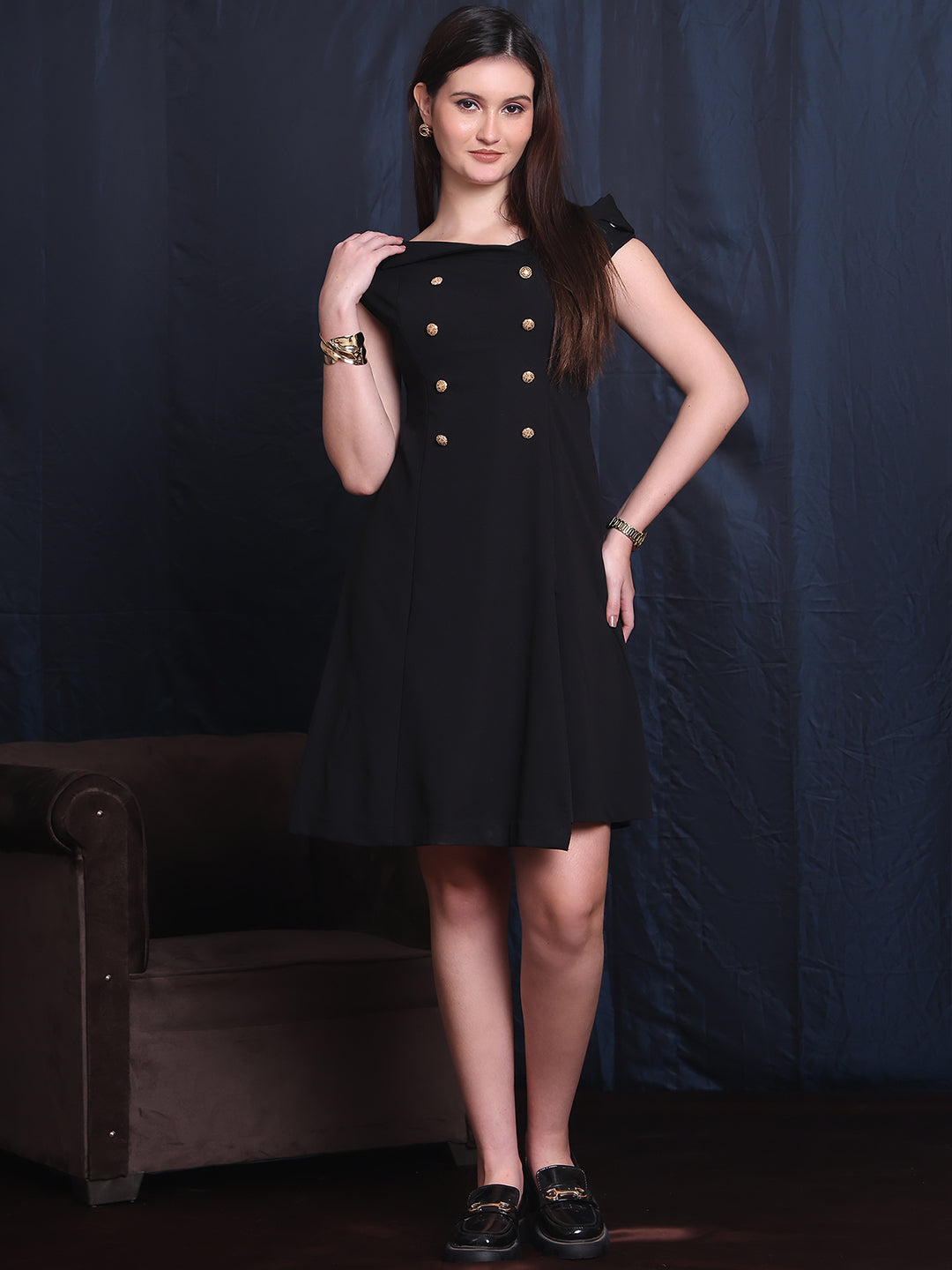 Exude Electric Elegance Black Off-Shoulder Collar A-line Dress