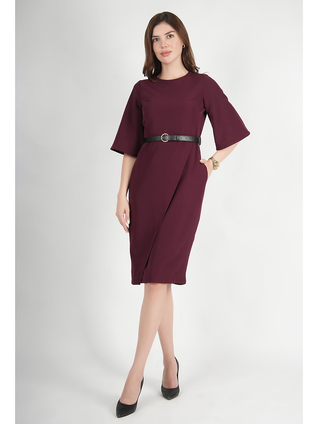 Exude Bliss Bell Sleeve Dress with Belt Wine Dresses