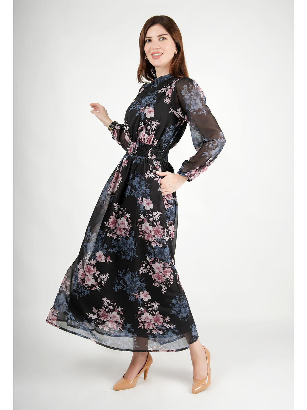 Exude Shimmer Black Floral Maxi Dress with Sleeves Black Dresses