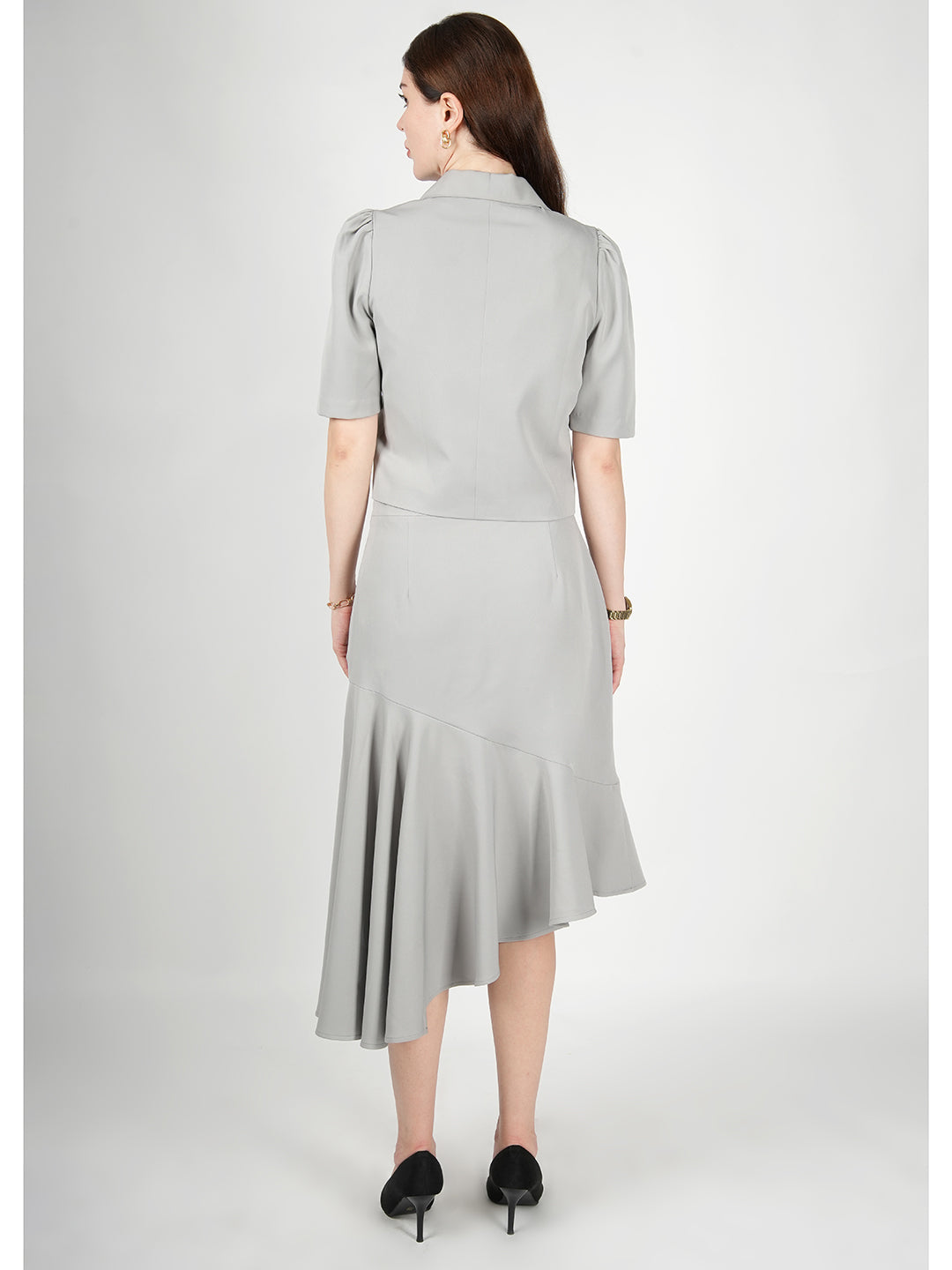 Exude Sunbeam Blazer Top with A-Symmetrical Skirt Grey Co-ord Sets