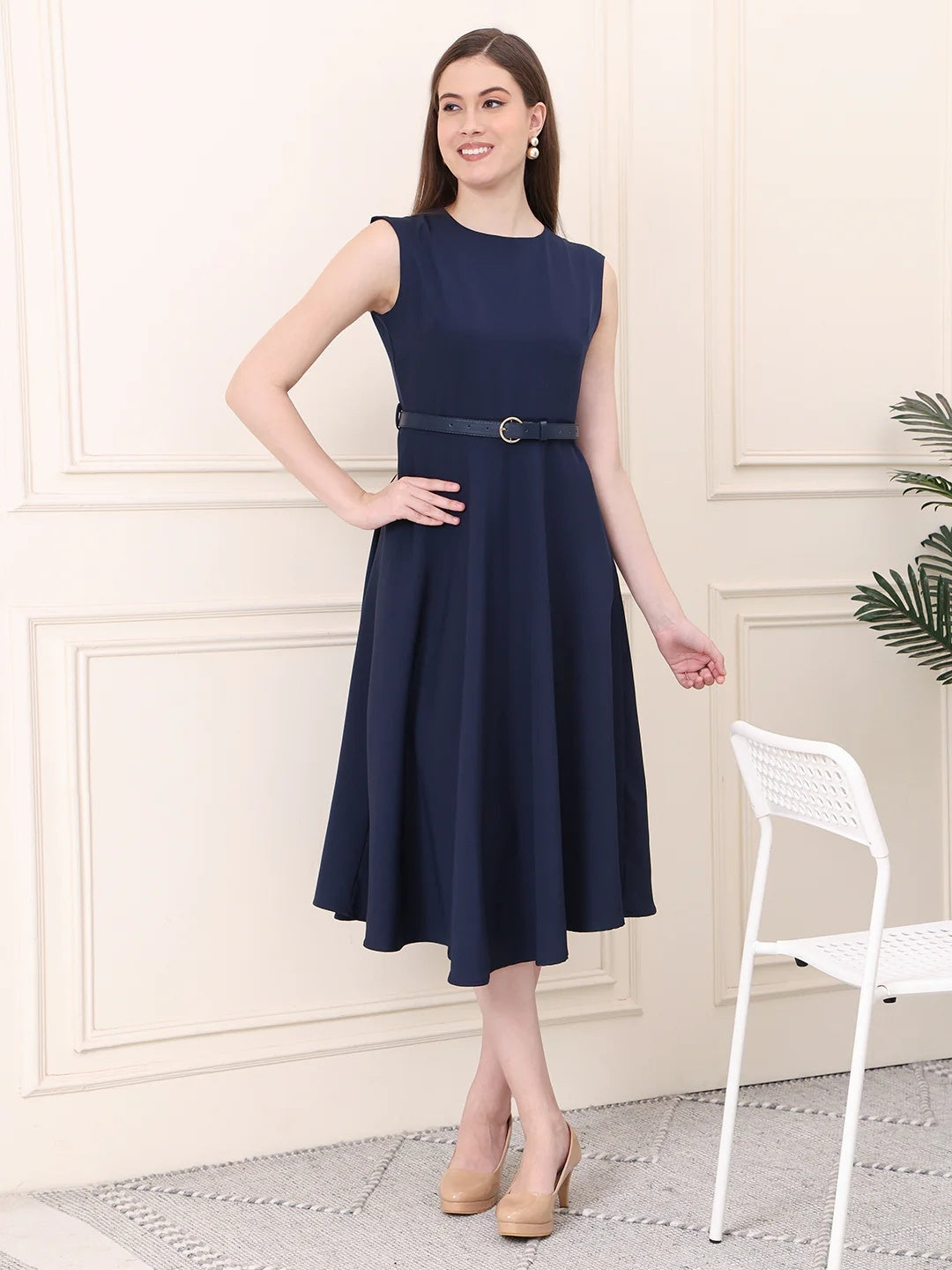 Exude Warmth Fit & Flare Dress with Belt Navy Dresses