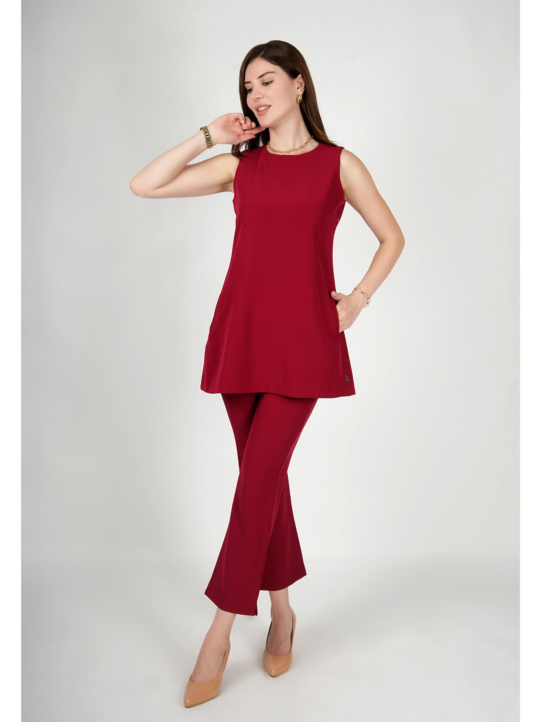 Exude Resplendent Thigh Length Tunic with Trouser Red Co-ord Sets
