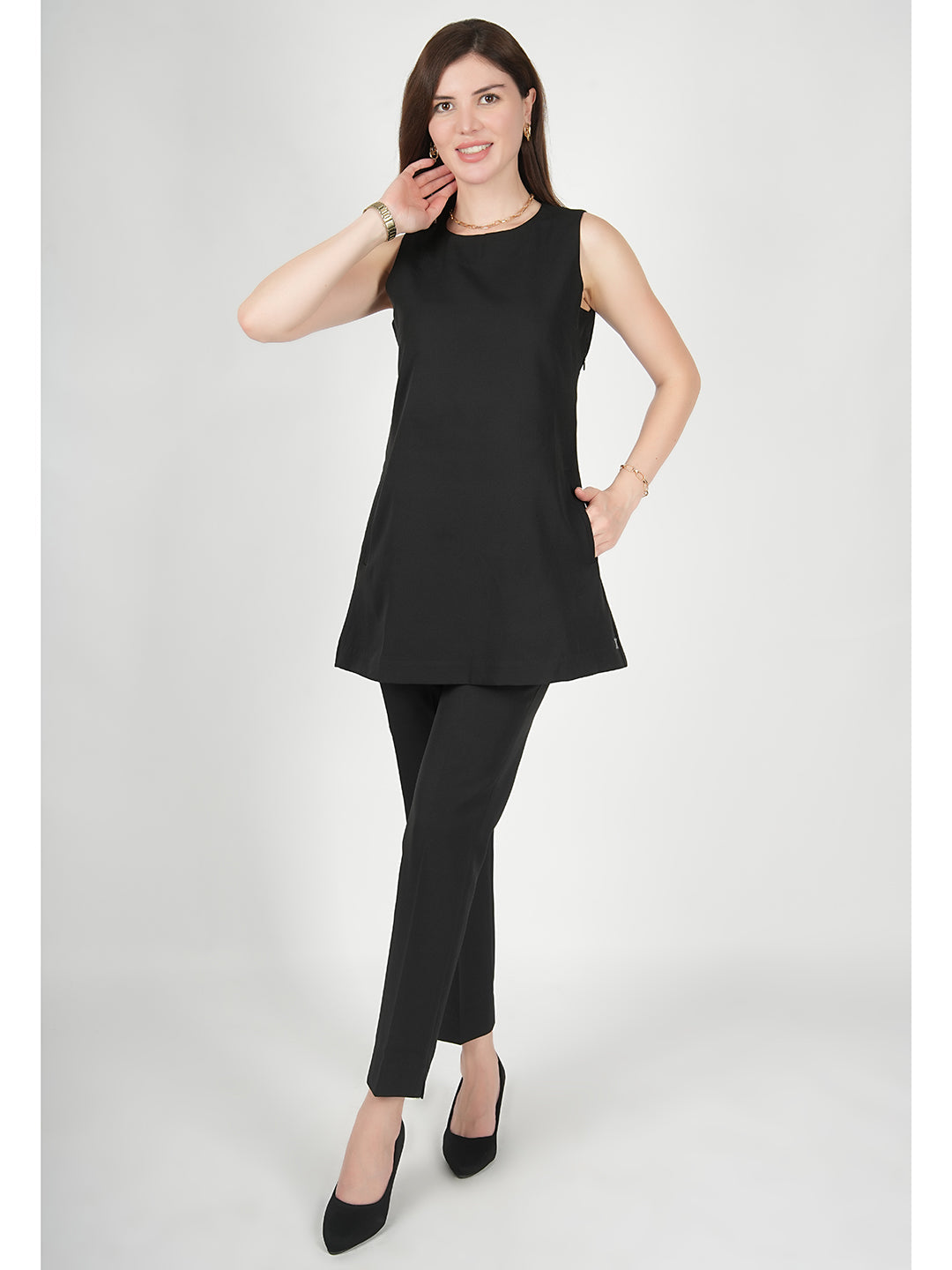 Exude Resplendent Thigh Length Tunic with Trouser Black Co-ord Sets