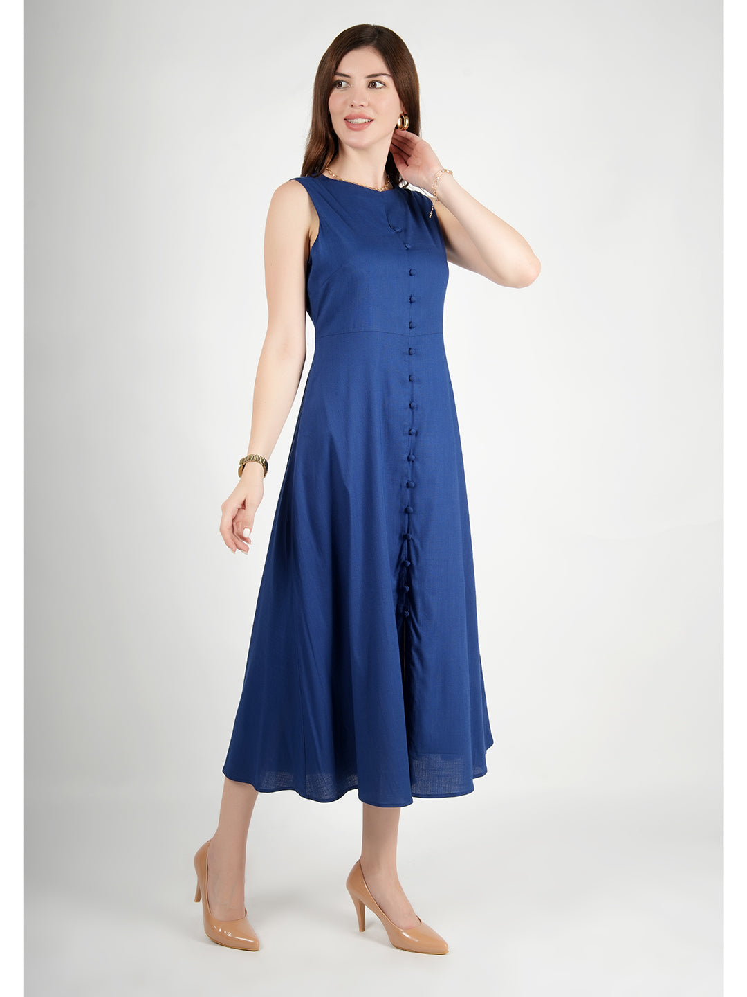 Exude Glowing Front Button Dress With Pockets Royal Blue Dresses