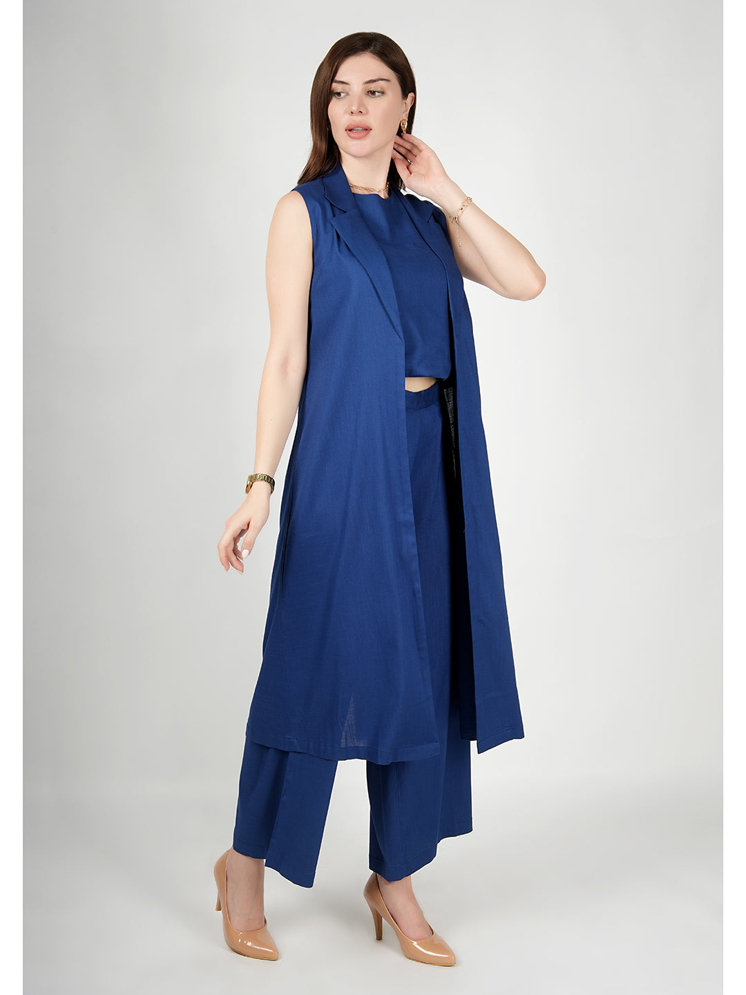 Exude Lustrous Long Jacket , Top with Wide Leg Trouser Royal Blue Co-ord Sets