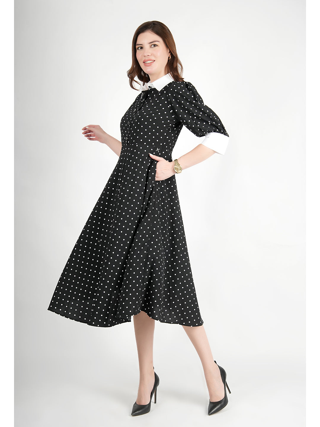 Exude Exploration Polka Dress With Pockets Black 