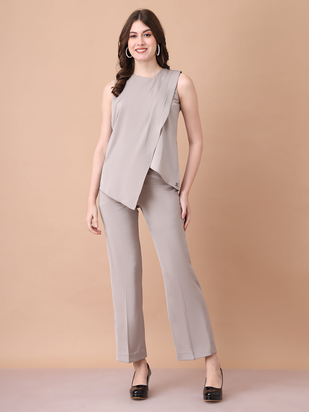 Exude Unbreakable Soft Matt Satin Overlay Sleeveless Top Paired With Straight Fit Trousers Light Beige Co-ord Sets