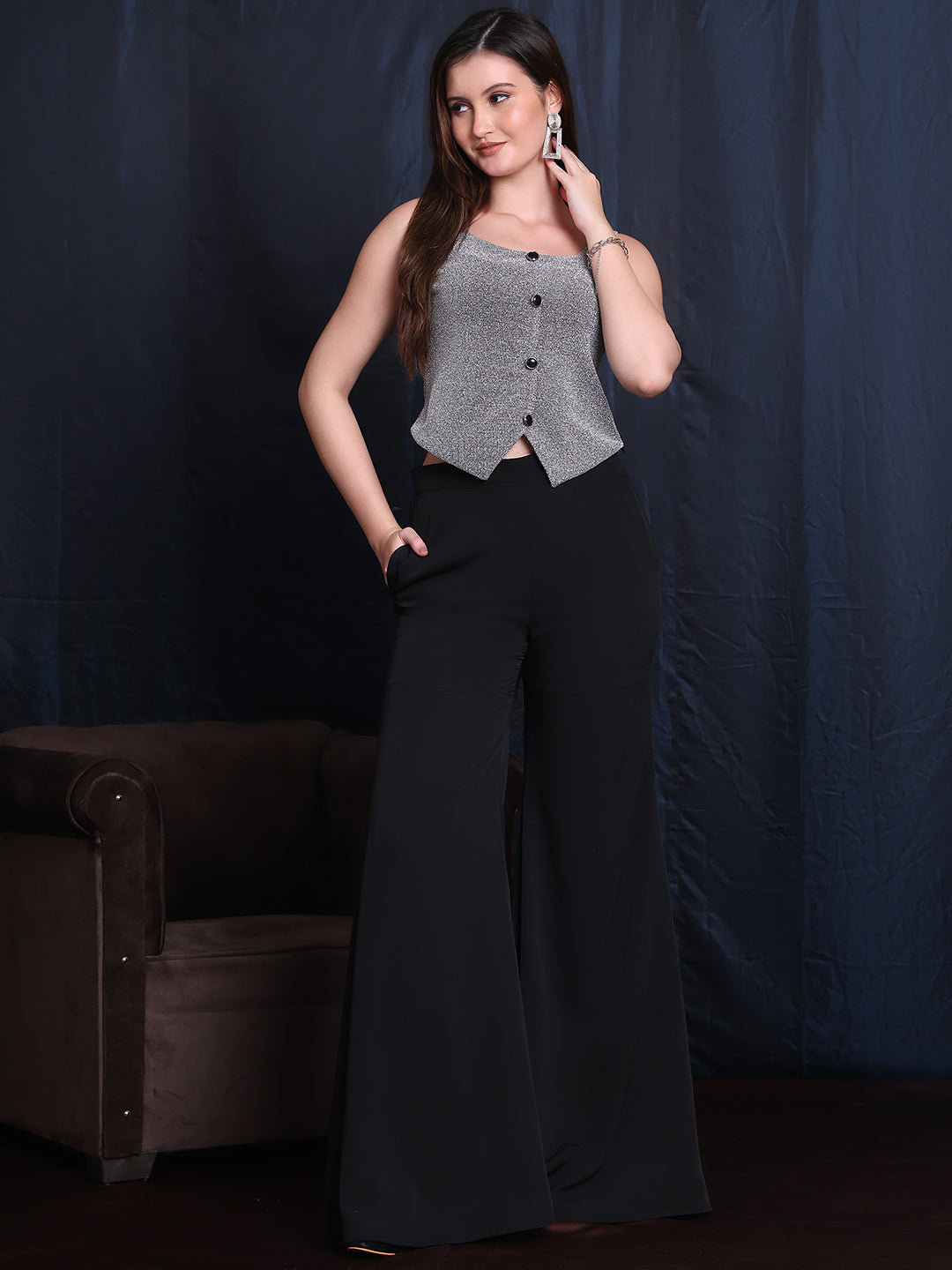 Exude Starlit Elegance 2 Piece Co-ord Set, Silver Waistcoat and Black Chiffon Trouser