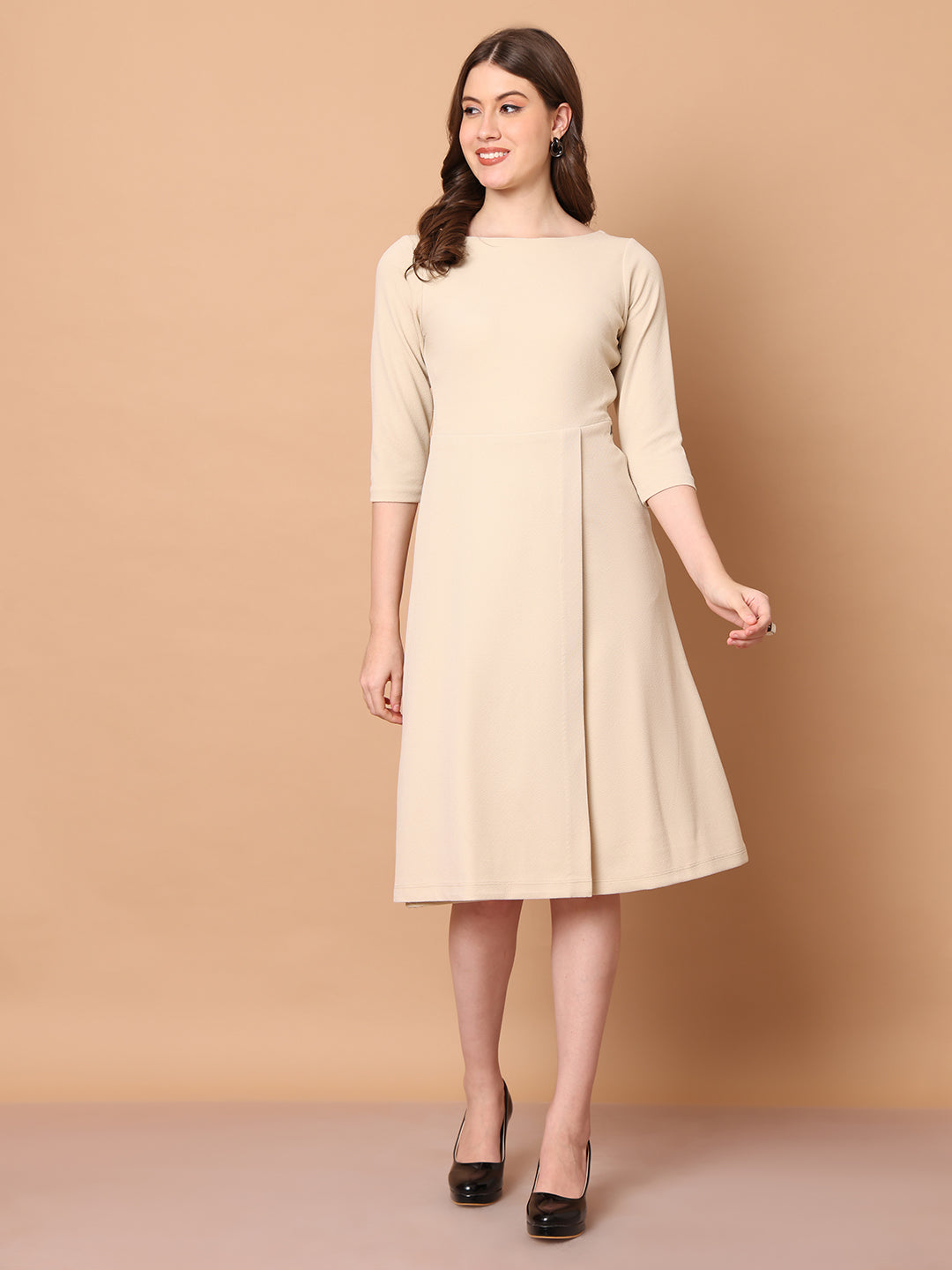 Exude Urban Elegance Wrap Dress with Sleeves Beige Dresses