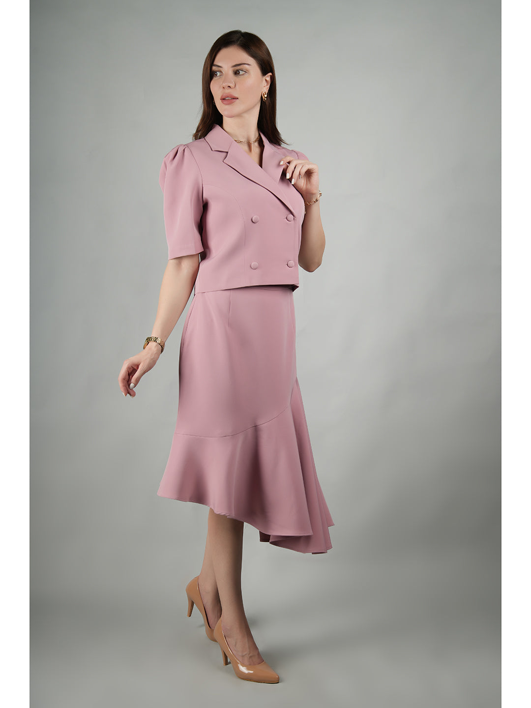 Exude Sunbeam Crop Blazer With Asymmetrical Skirt Blush Pink Co-ord Sets