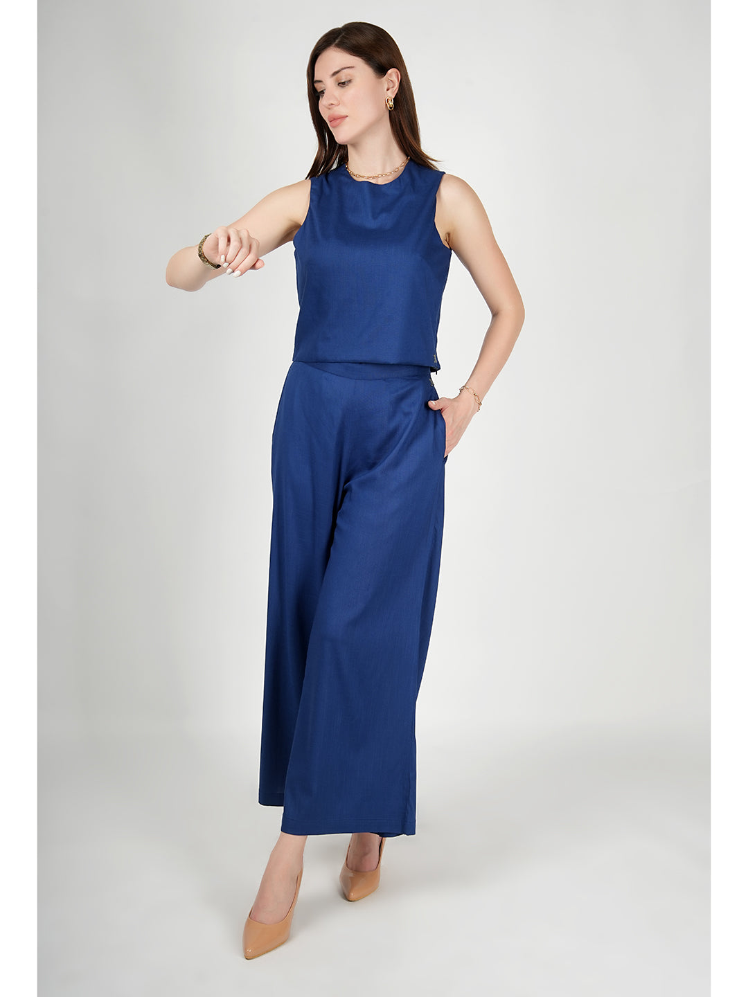 Exude Lustrous Long Jacket , Top with Wide Leg Trouser Royal Blue Co-ord Sets