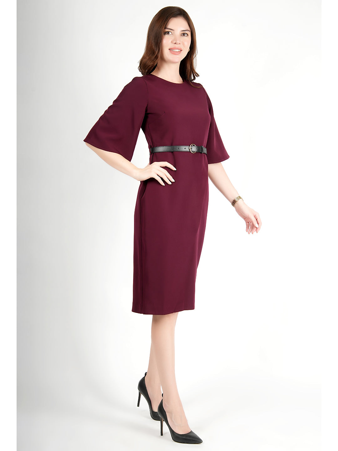 Exude Bliss Bell Sleeve Dress with Belt Wine Dresses