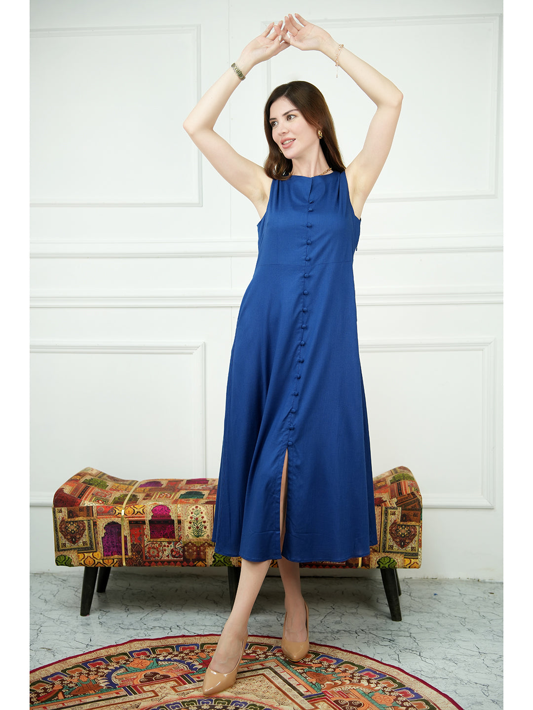 Exude Glowing Front Button Dress With Pockets Royal Blue Dresses