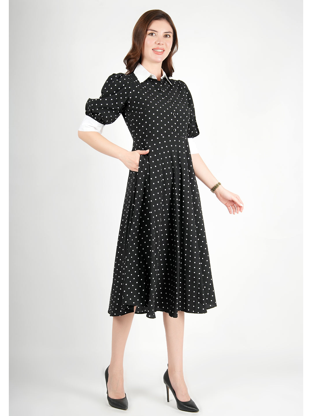 Exude Exploration Polka Dress With Pockets Black 