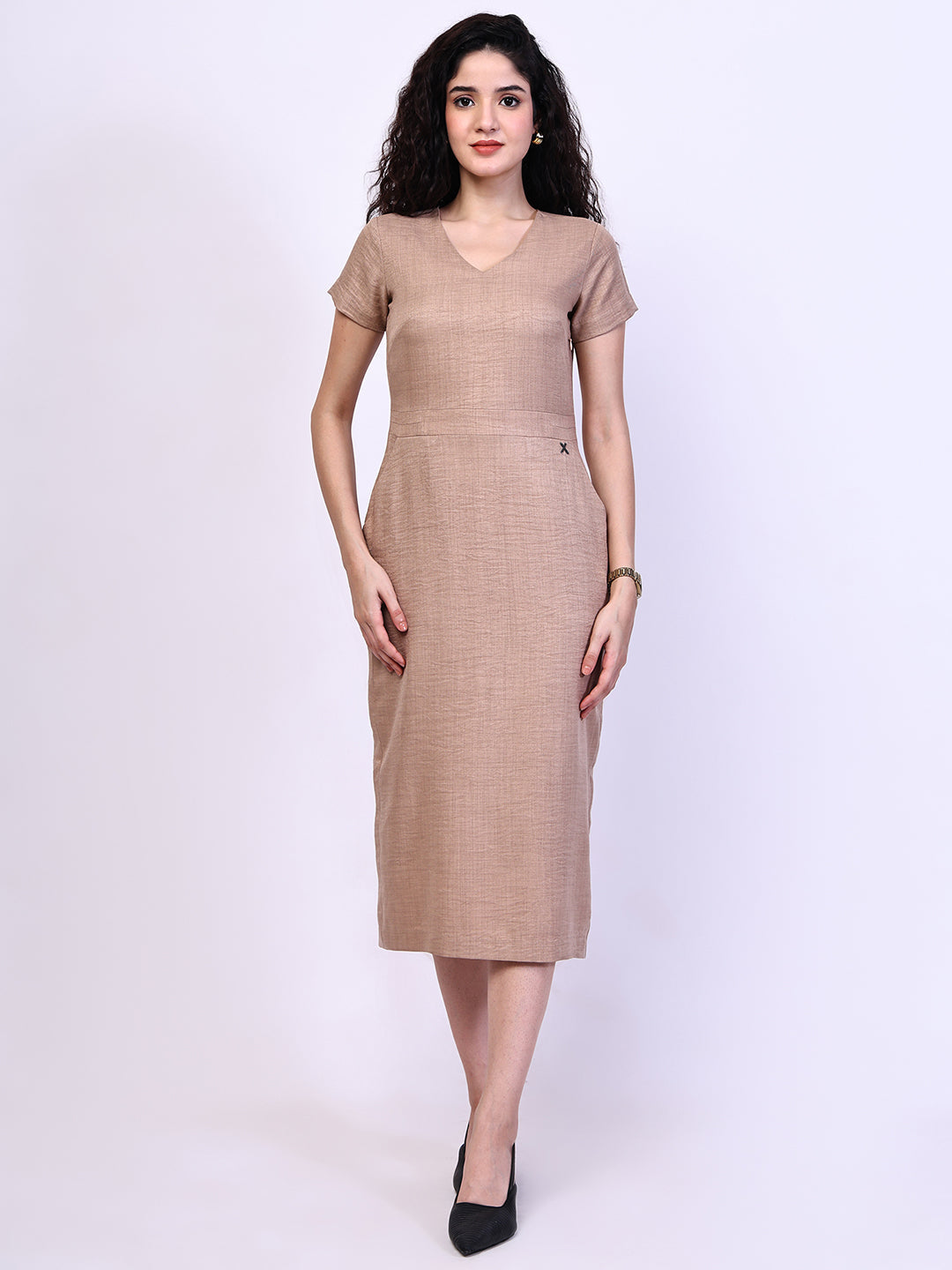 Exude Composure Sheath Midi Dress (Beige)
