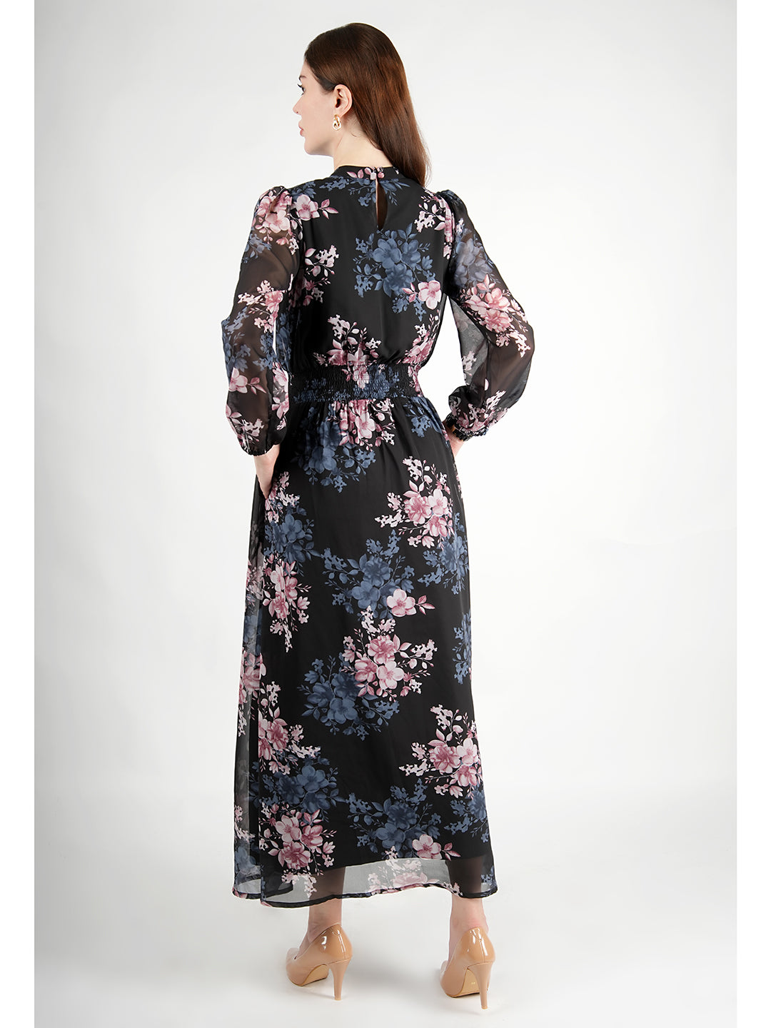 Exude Shimmer Black Floral Maxi Dress with Sleeves Black Dresses