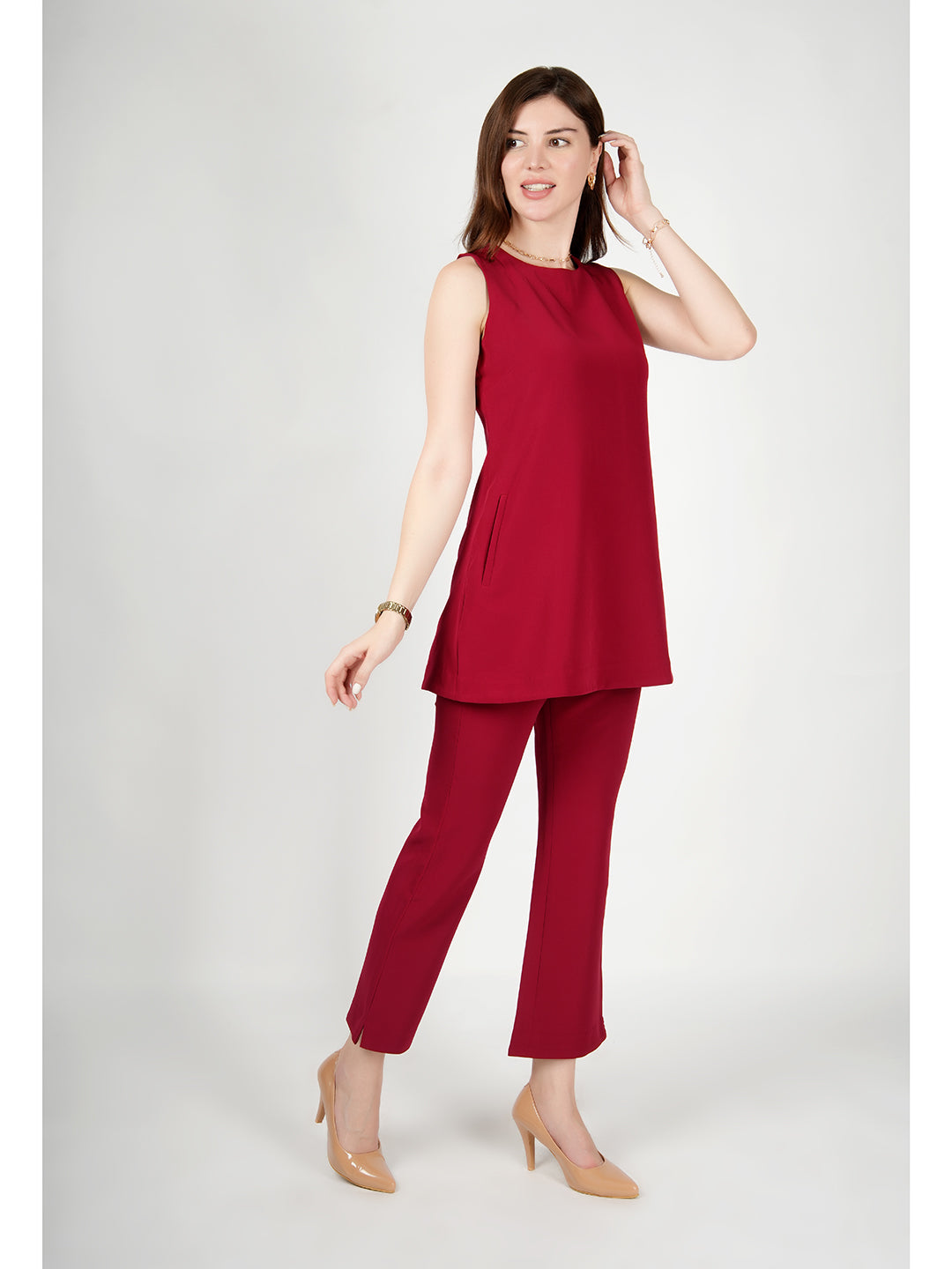 Exude Resplendent Thigh Length Tunic with Trouser Red Co-ord Sets