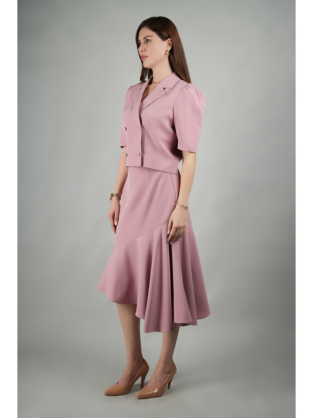 Exude Sunbeam Crop Blazer With Asymmetrical Skirt Blush Pink Co-ord Sets