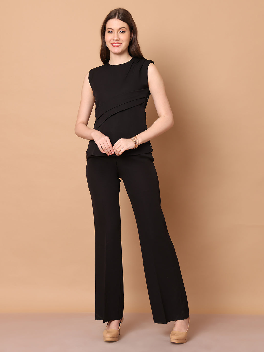 Exude Mystique Moments Shoulder and Side Pleat Top Black Tops