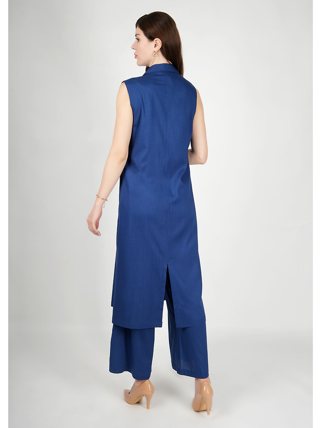 Exude Lustrous Long Jacket , Top with Wide Leg Trouser Royal Blue Co-ord Sets