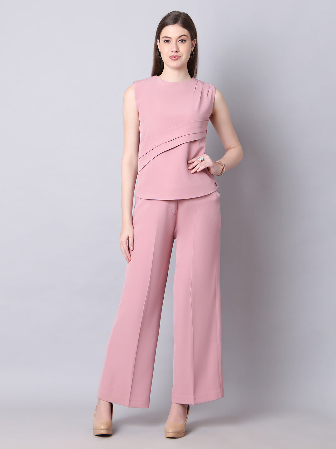 Exude Warrior Queen Side and Shoulder Pleat Top Paired with Wide Leg Trousers Dusty Pink Co-ord Sets