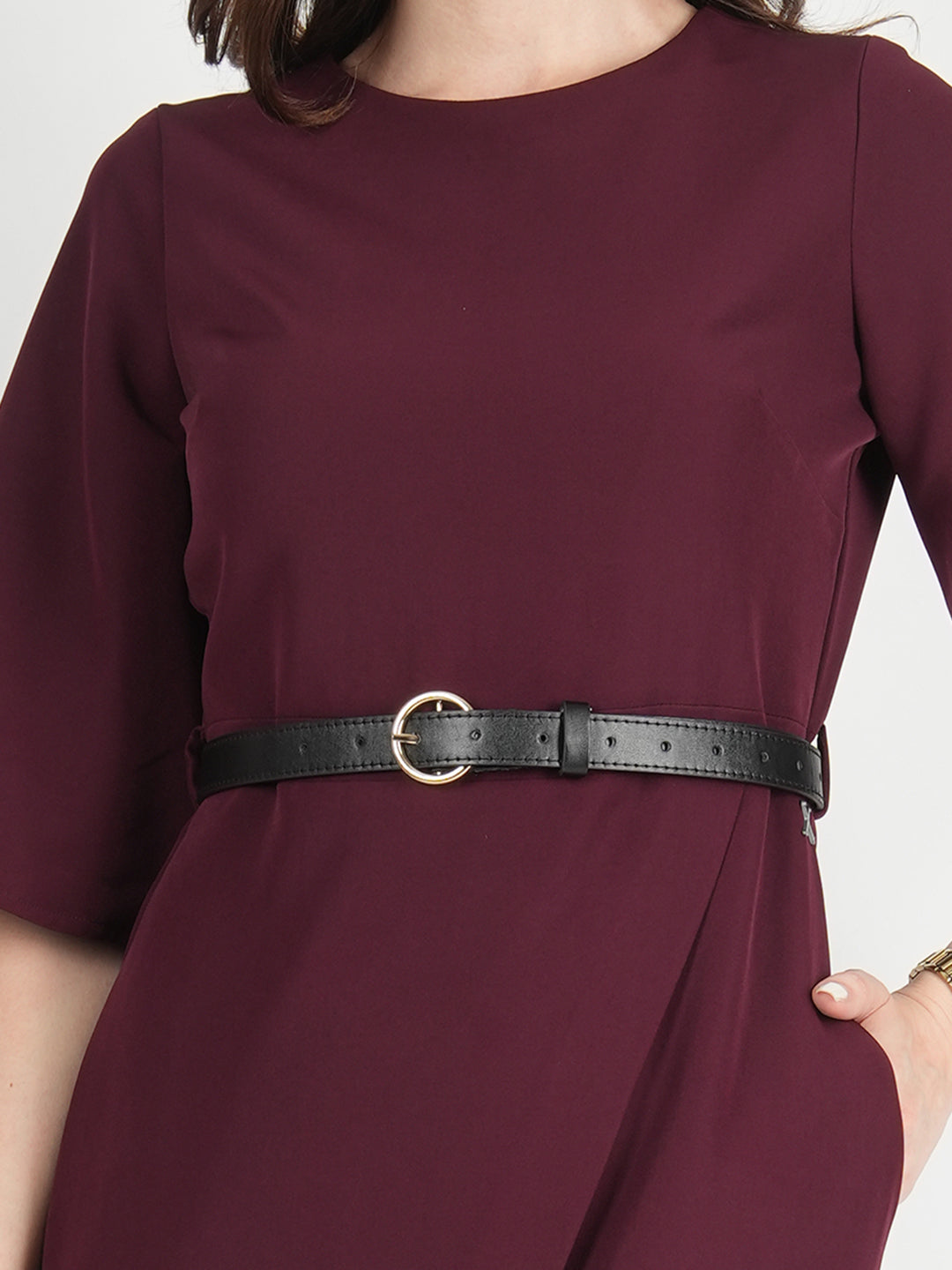 Exude Bliss Bell Sleeve Dress with Belt Wine Dresses