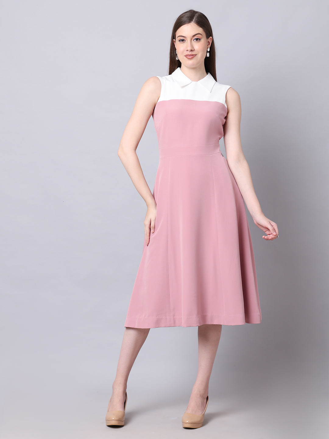 Exude Bronzed Color Block Dress With Collar Blush Pink Dresses