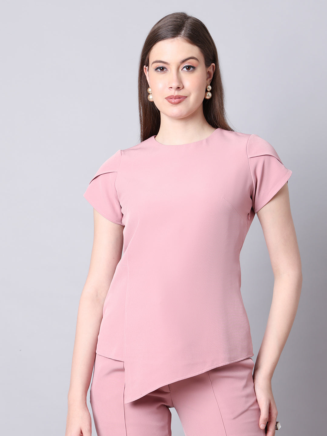 Exude Elysian Essence Asymmetrical Top with Cap Sleeves Dusty Pink Tops