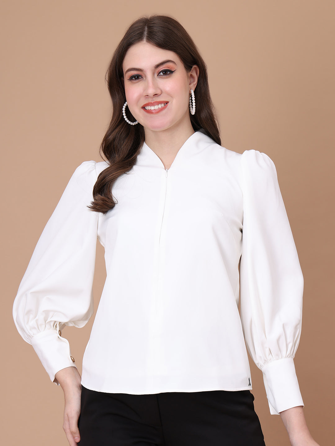 Exude Whimsical Wonders Dramatic Puff Sleeve Top with Front Zip White Tops