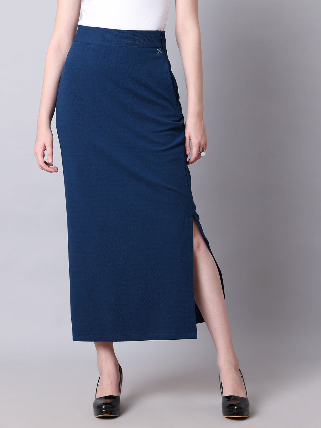 Exude Statement Piece Long Black Skirt with Side Slit Royal Blue Skirt