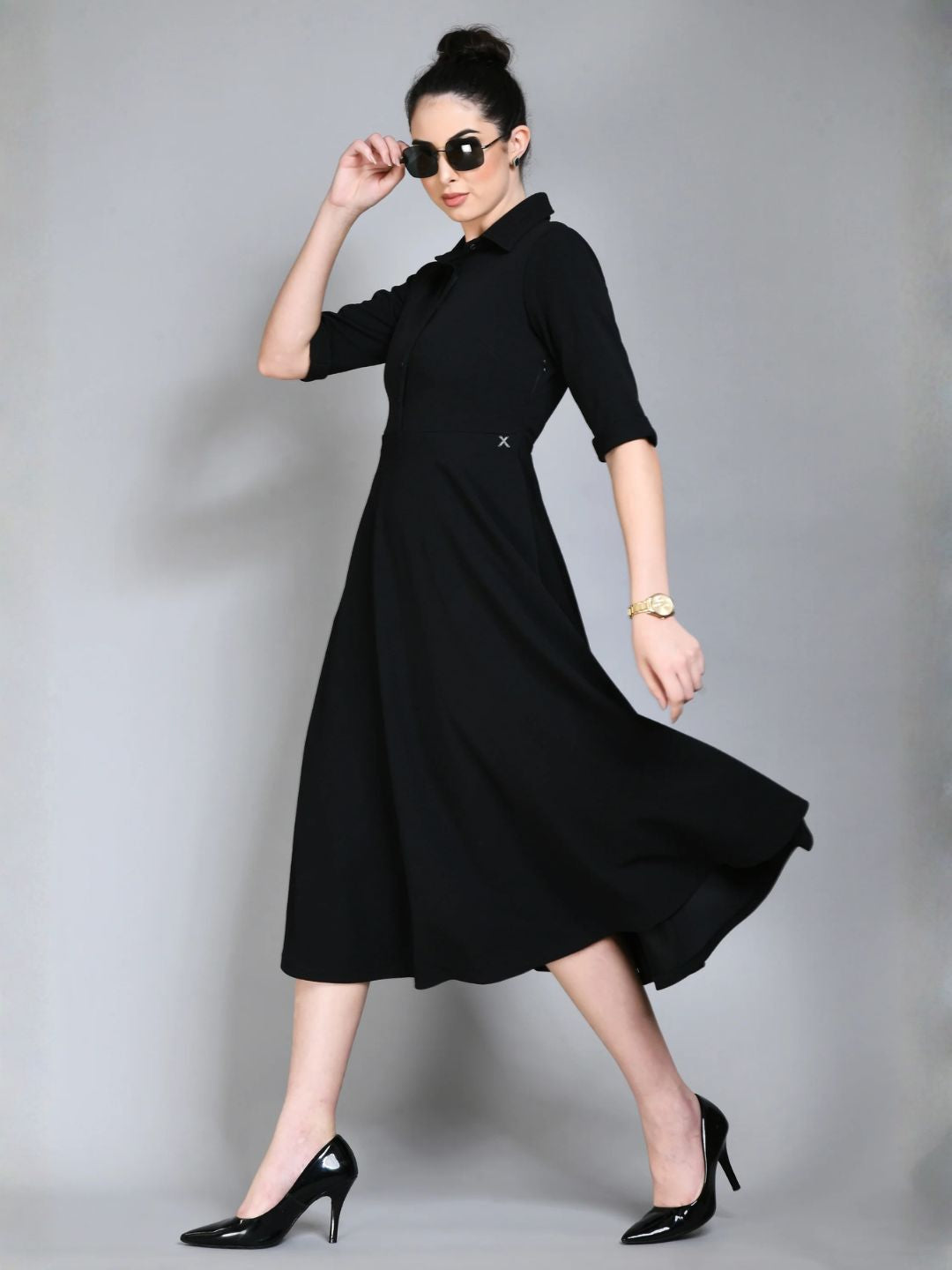 Exude Serenity Fit and Flared Shirt Midi Dress Black Dresses
