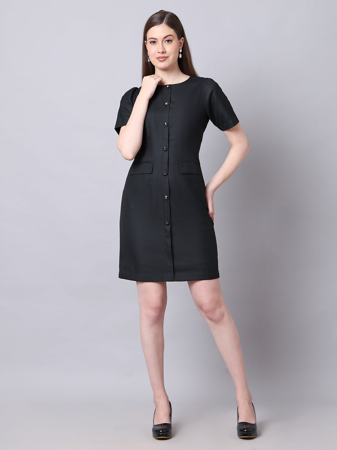 Exude Chic Revolution Suiting Fabric Front Button Shift Dress Black Dresses