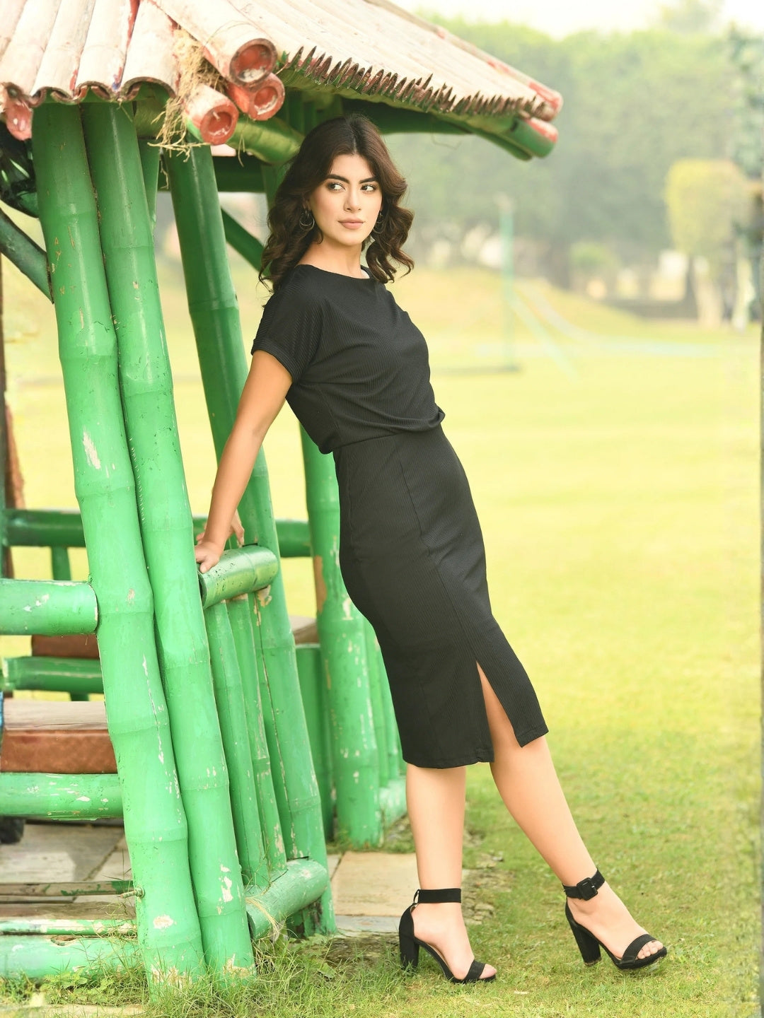 Exude Enigma Ribbed Blouson Dress Black Dresses