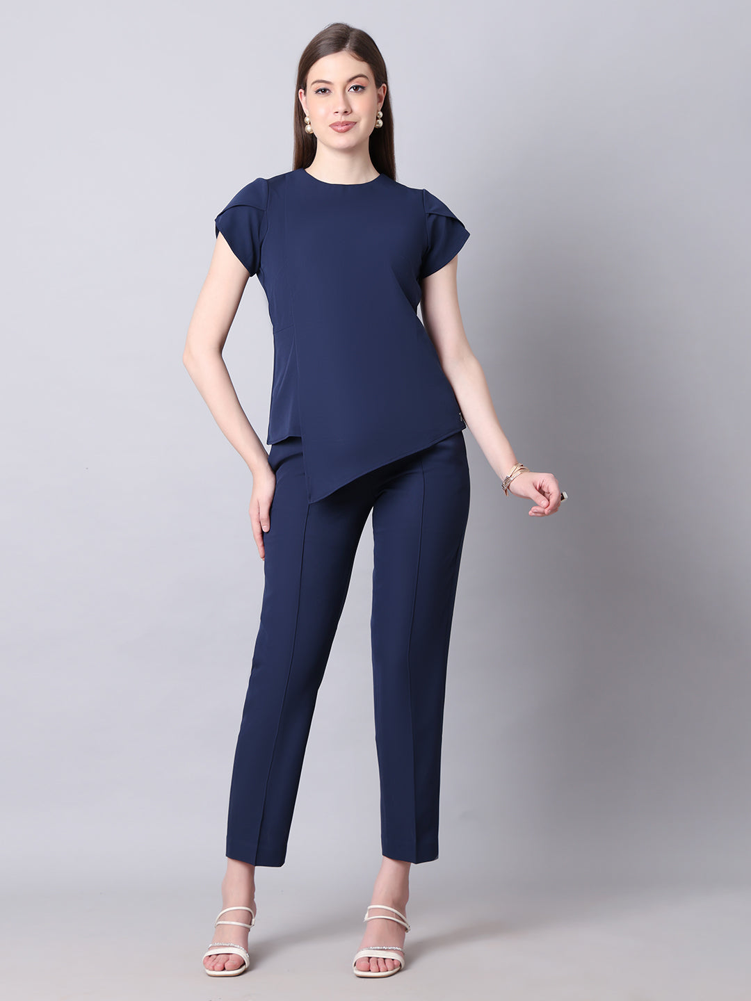 Exude Iconic Asymetrical Top with Straight Fit Trouser Co-ord Navy Co-ord Sets
