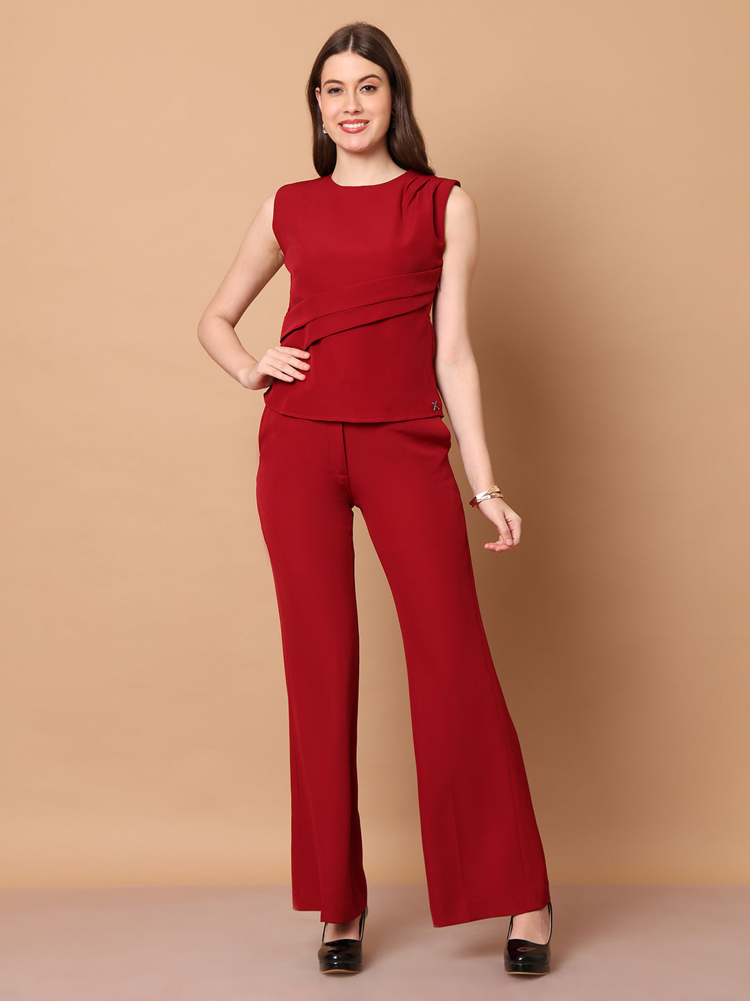 Exude Mystique Moments Shoulder and Side Pleat Top Red Tops