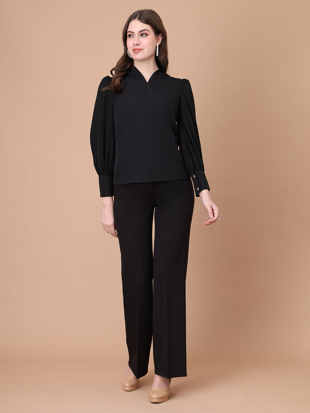 Exude Whimsical Wonders Dramatic Puff Sleeve Top with Front Zip Black Tops