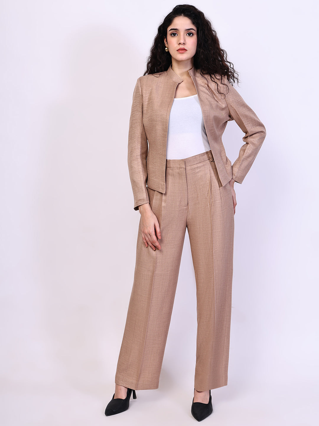 Exude Power Mandarin Collar Linen Blazer with Straight Fit Trousers (Beige)