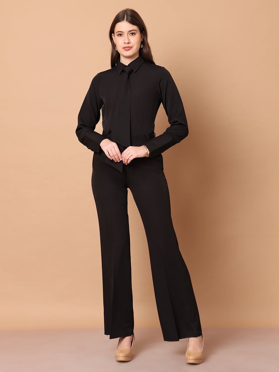 Exude Reign Supreme Shirt with Tie Paired with Matching Bootcut Trouser Black Co-ord Sets