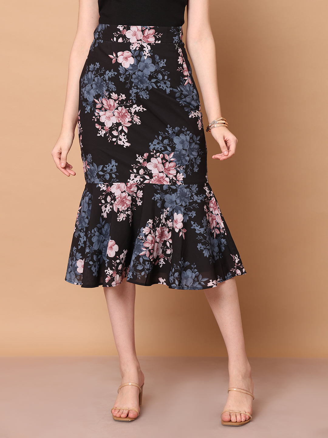 Exude Radiant Reflections Floral Midi Skirt Skirts