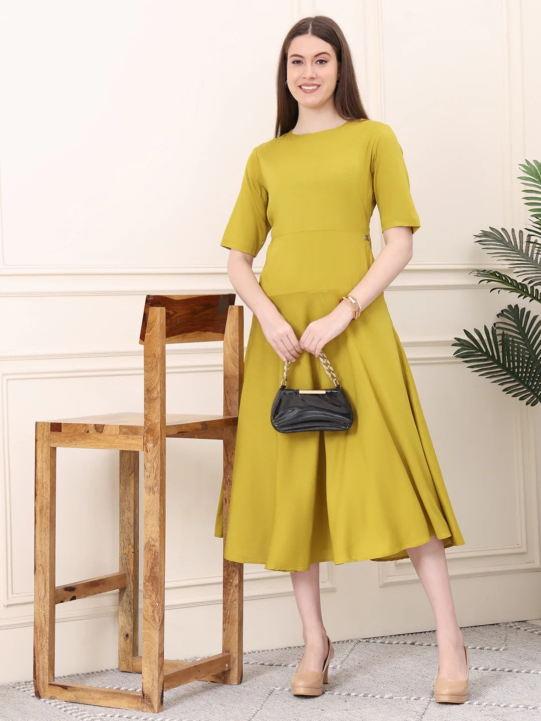 Exude Resilient Radiance Midi Flare Dress with Sleeves Lime Dresses