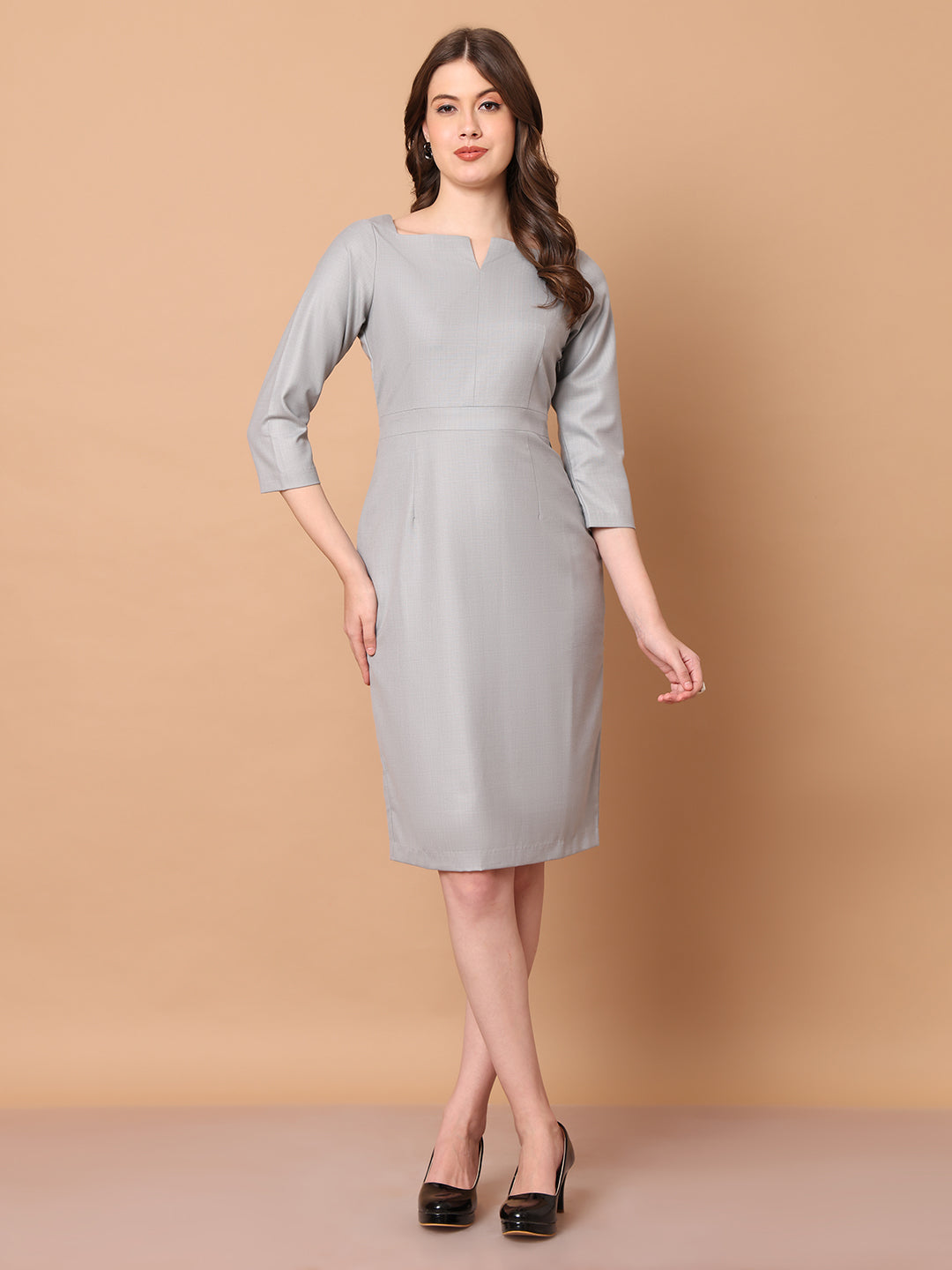 Exude Mystique Moments Suiting Fabric Square Neckline dress Grey Dresses